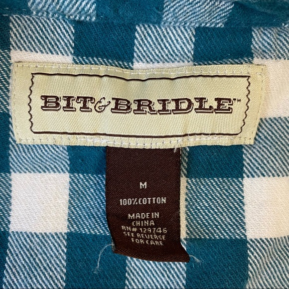 Bit and Bridle Green White Plaid Check Flannel Western Shirt Embellished Medium - Picture 11 of 11